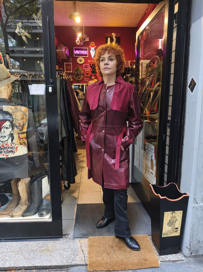 Trench donna lungo vintage in vera pelle rossa borgogna