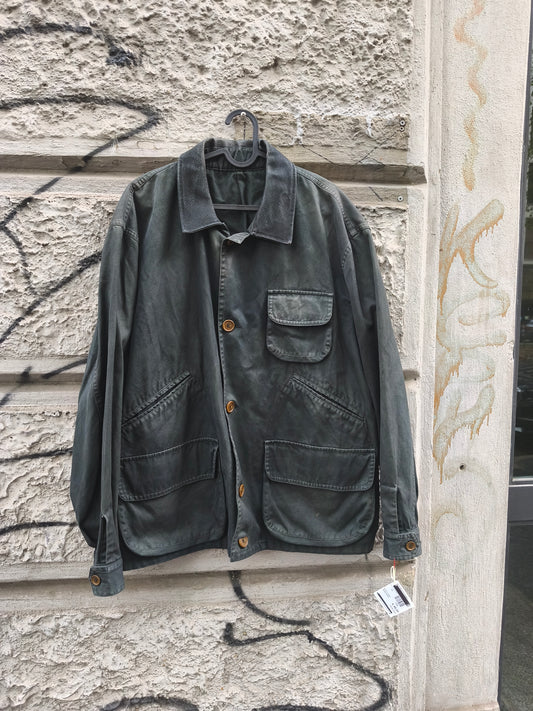 Giacca vintage in cotone,  workwear,  verde petrolio con collo in pelle