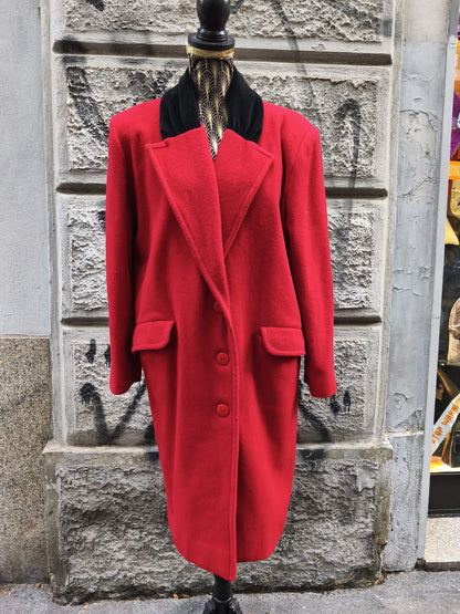 Cappotto donna rosso vintage con collo in velluto in pura lana