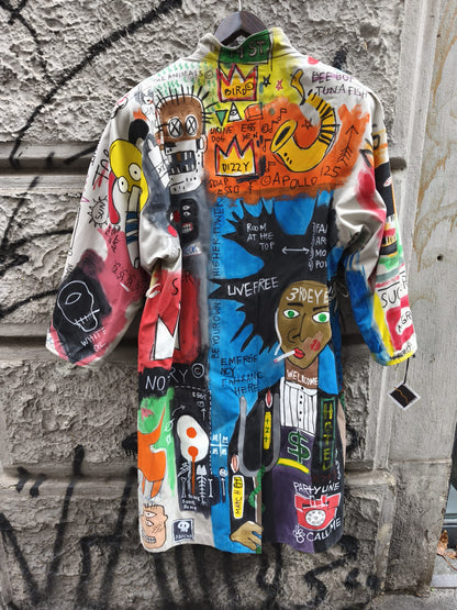 Trench donna vintage dipinto a mano a tema Basquiat