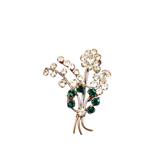 Spilla vintage fiore con cristalli verdi e bianchi